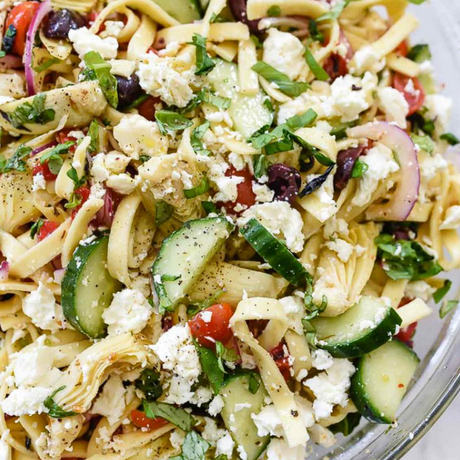 Greek Pasta Salad with Cucumbers & Artichoke Hearts